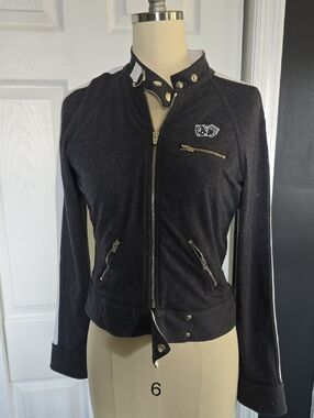 bebe Sport Heather Grey Moto Bomber Knit Stretch Jacket with White Sleeve Stripe